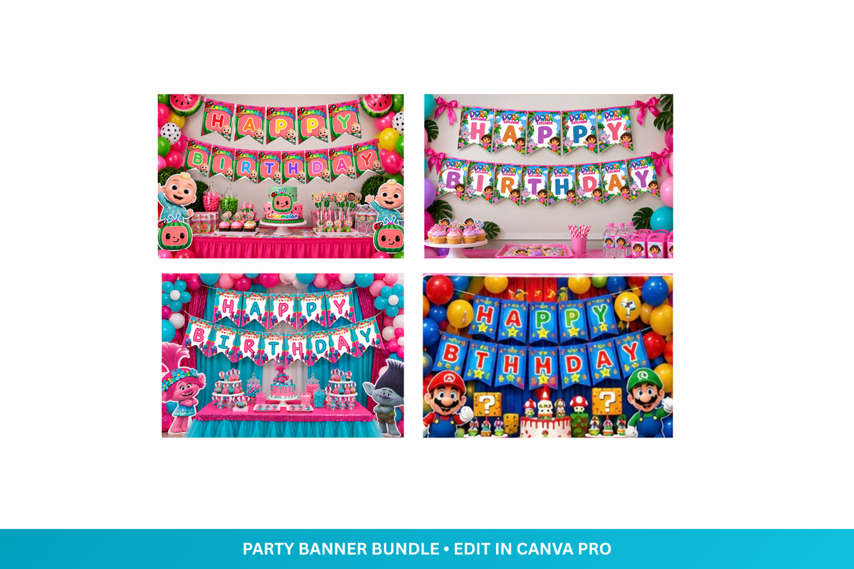 Character Birthday Banner Bundle | 14 Printable Happy Birthday Banner Designs